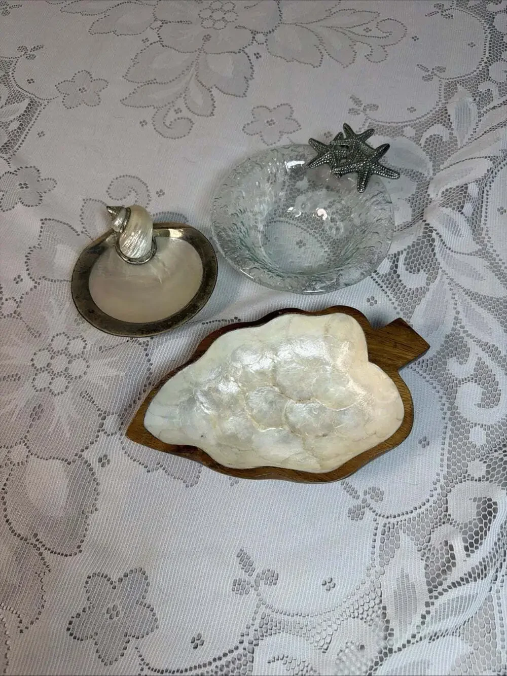 3-VNTG Coastal Decor Capiz Leaf /Starfish Glass Bowl/Silver Shell Dish Trinkets